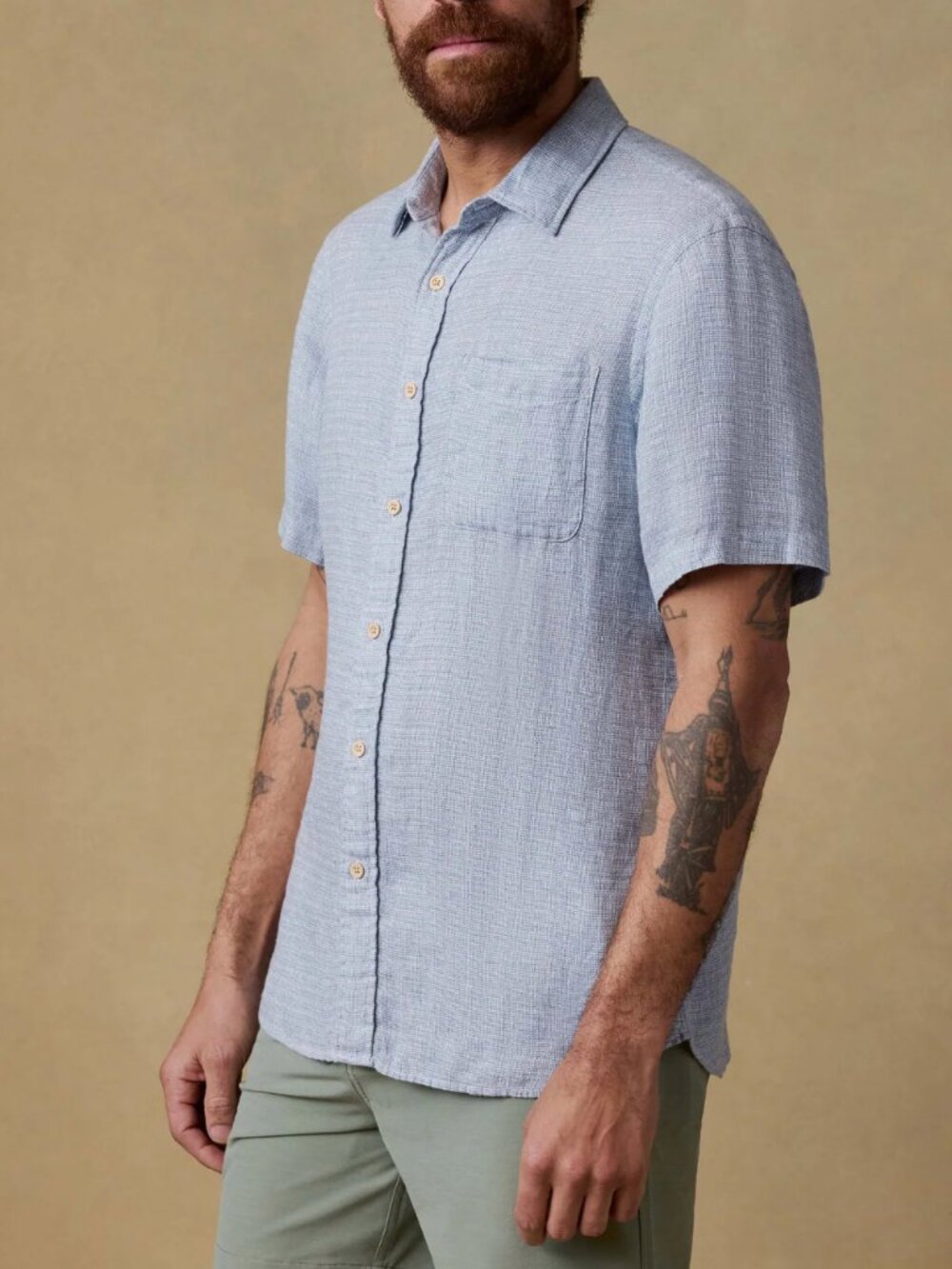 Faherty Palma Linen Short Sleeve Shirt XXL Blue Basketweave